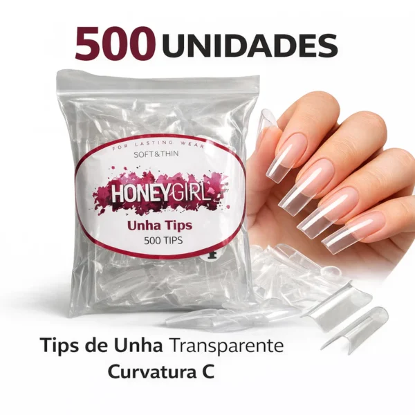 UNHA TIPS CURVATURA C TRANSPARENTE - PCTE 500 UNID HONEYGIRL