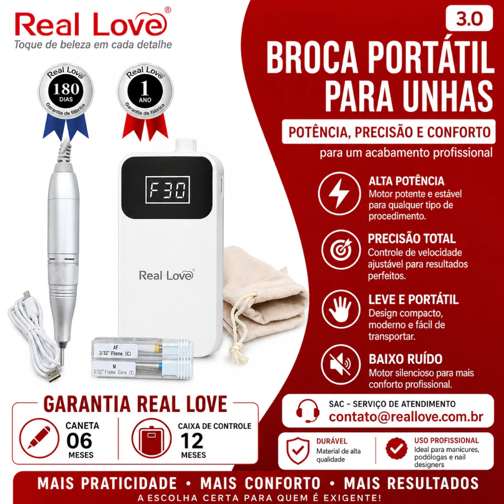 LIXADEIRA MOTOR PORTÁTIL PARA UNHAS 3.0 30.000RPM RECARREGAVEL DM-01 REAL LOVE - Imagem 5
