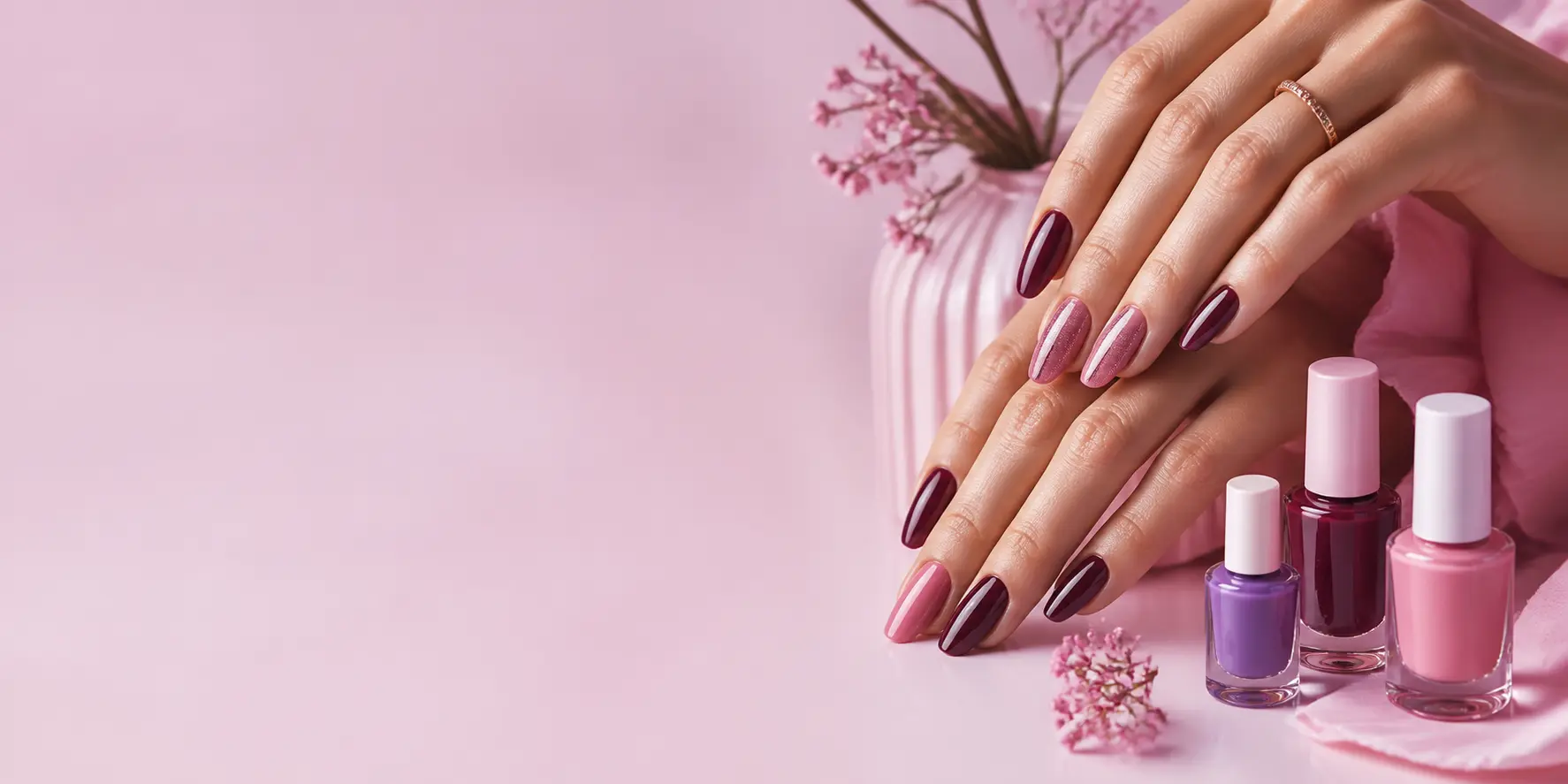 Mãos com unhas decoradas e esmaltes