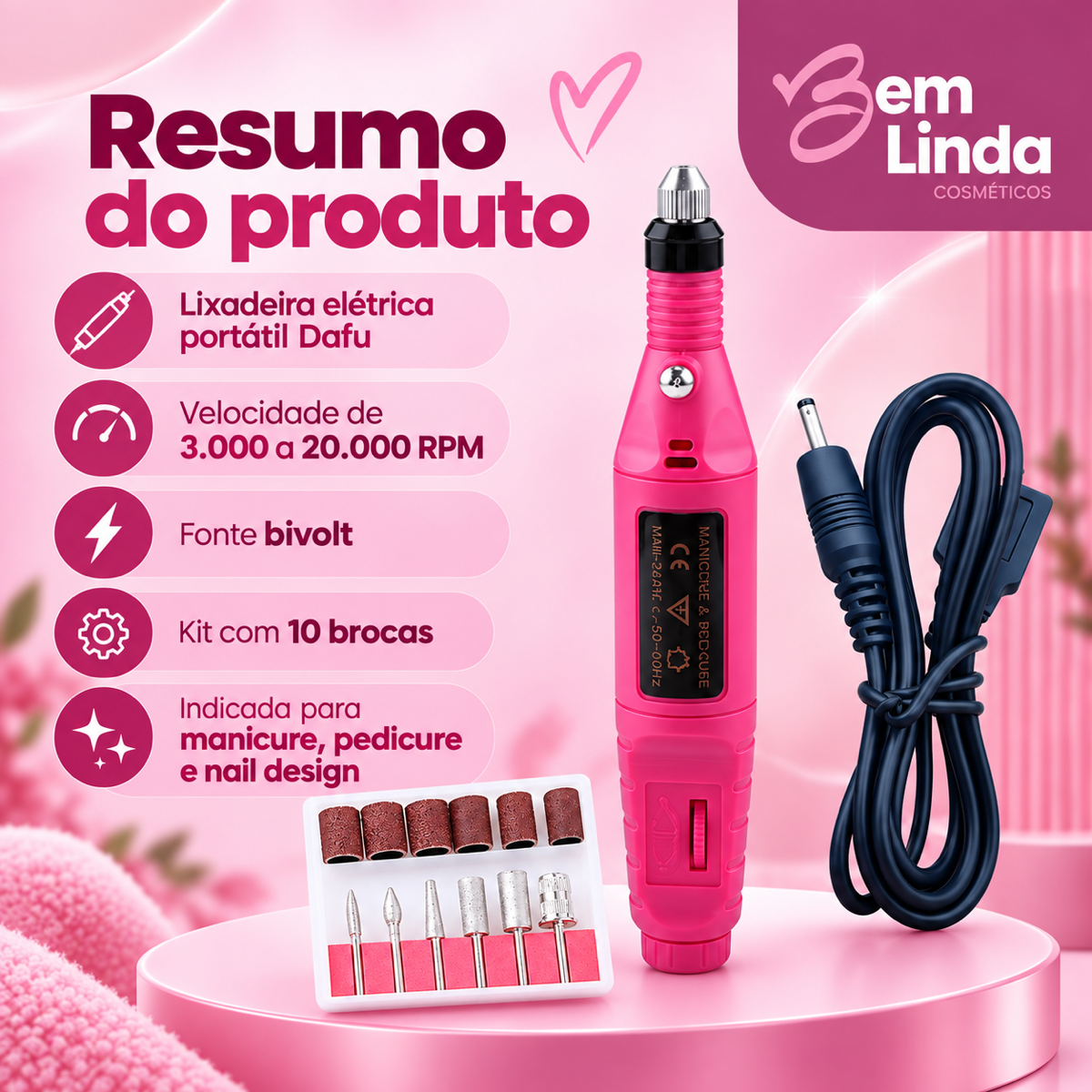 CANETA DE LIXADEIRA DE UNHAS ELÉTRICA PORTATIL COM KIT DE BROCA DAFU - Imagem 6