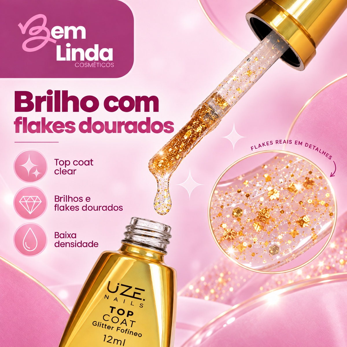 TOP COAT GLITTER FOFÍNEO 12ML UZE NAILS - Imagem 3