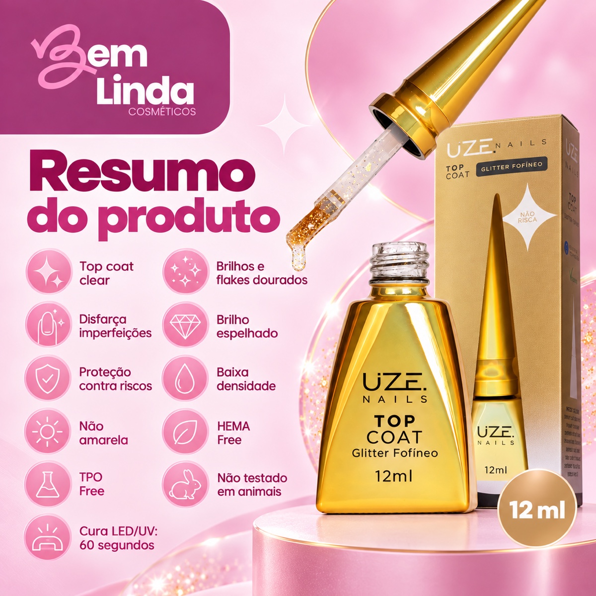 TOP COAT GLITTER FOFÍNEO 12ML UZE NAILS - Imagem 6